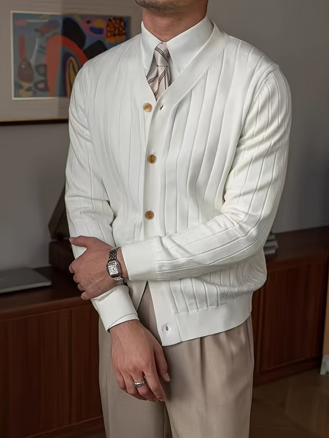 Dravael | Homme Gilet Boutonné Côtelé Col V - White - Image 4
