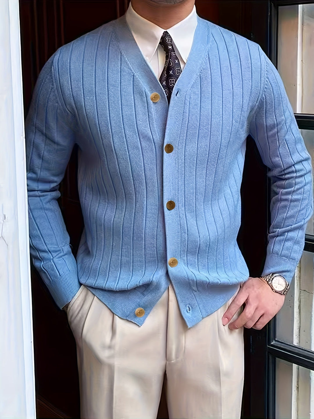 Dravael | Homme Gilet Boutonné Côtelé Col V - White - Image 8