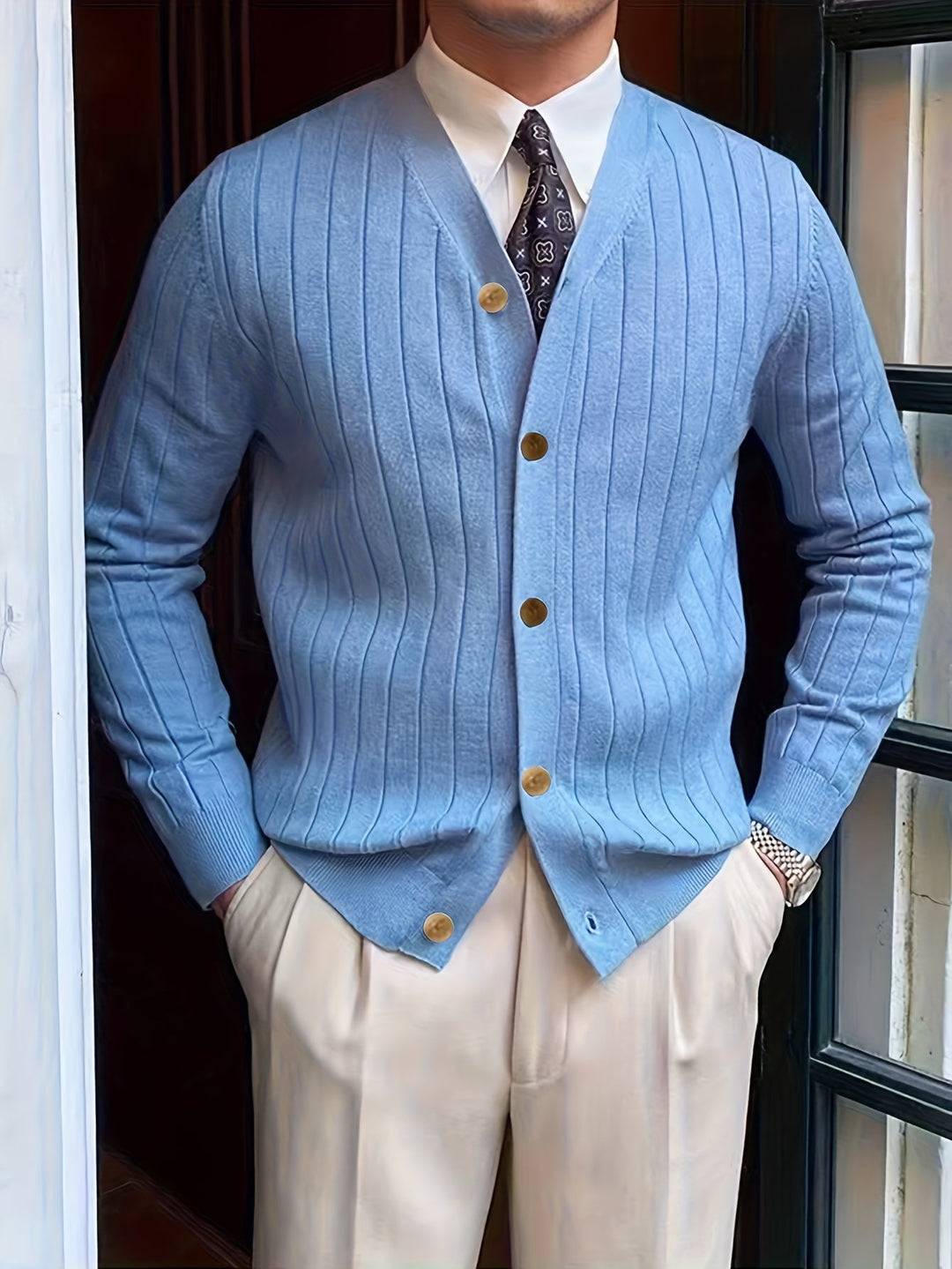 Dravael | Homme Gilet Boutonné Côtelé Col V - White - Image 9