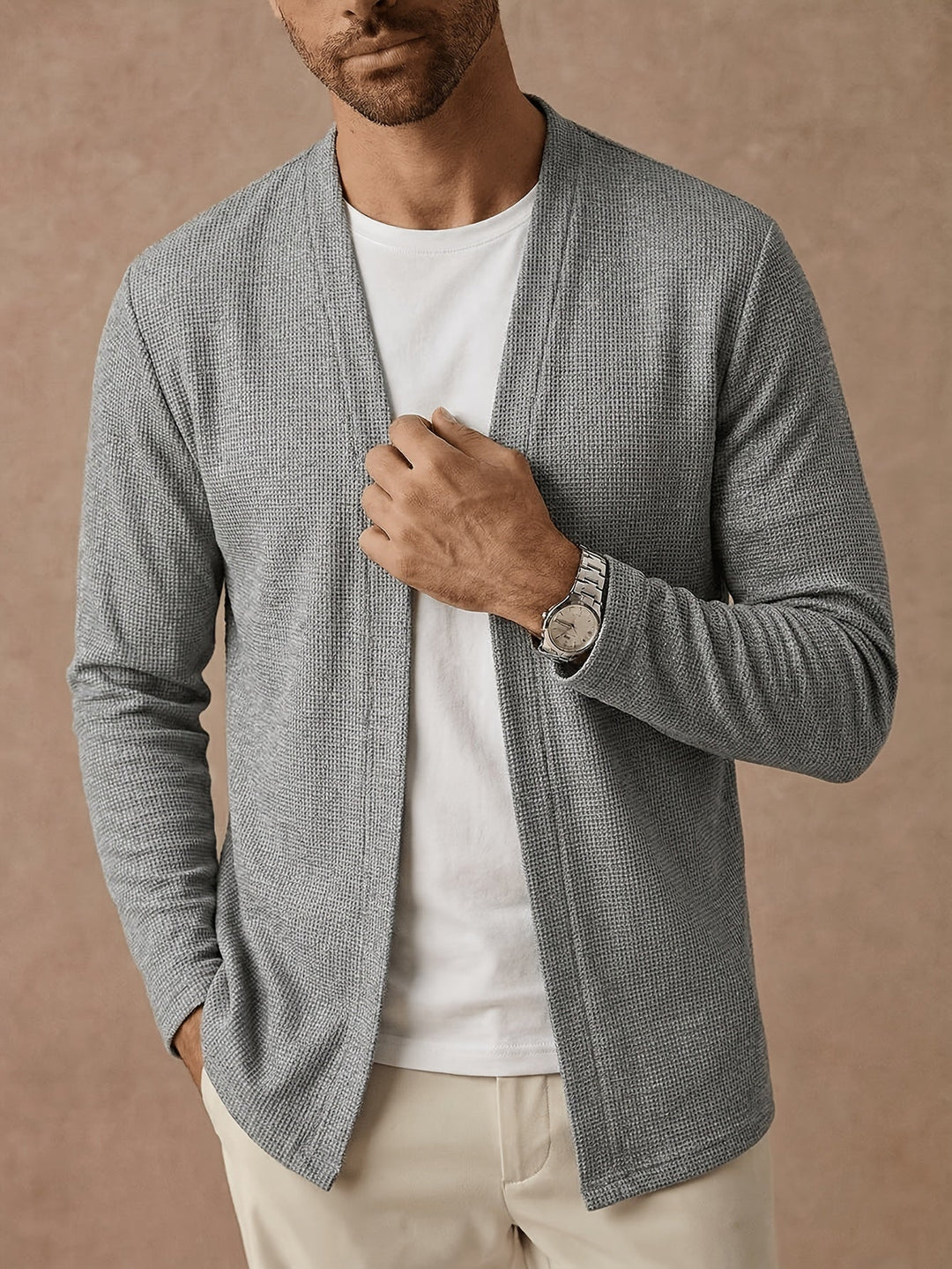 Dravhec | Homme Cardigan Ouvert Texturé Manches Longues - Black - Image 11