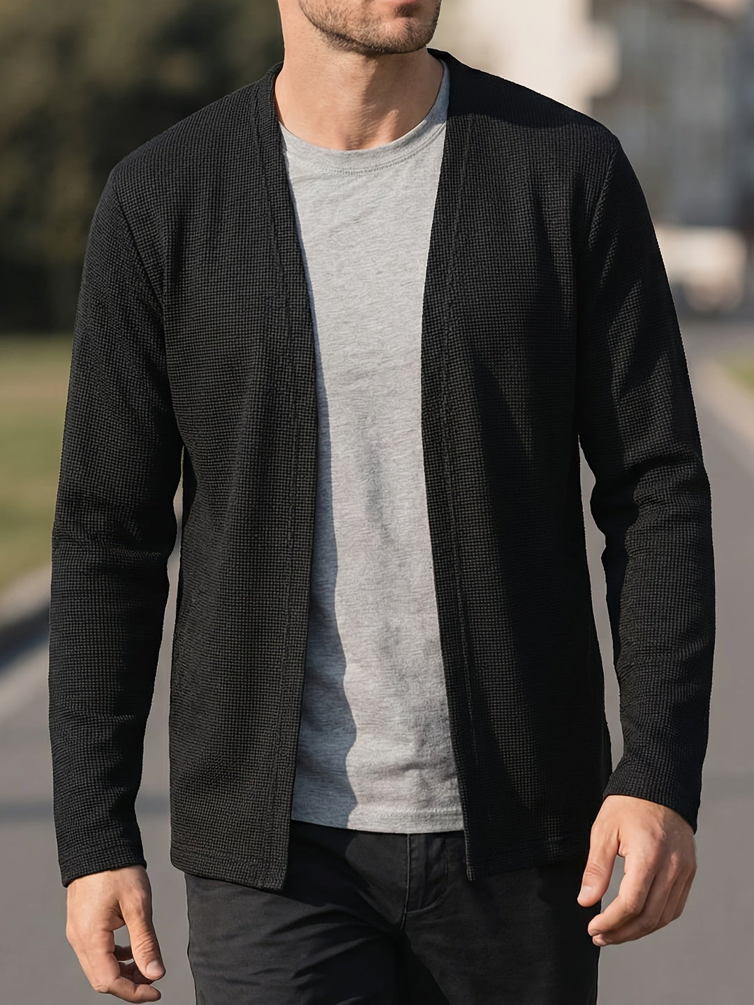 Dravhec | Homme Cardigan Ouvert Texturé Manches Longues - Black - Image 4