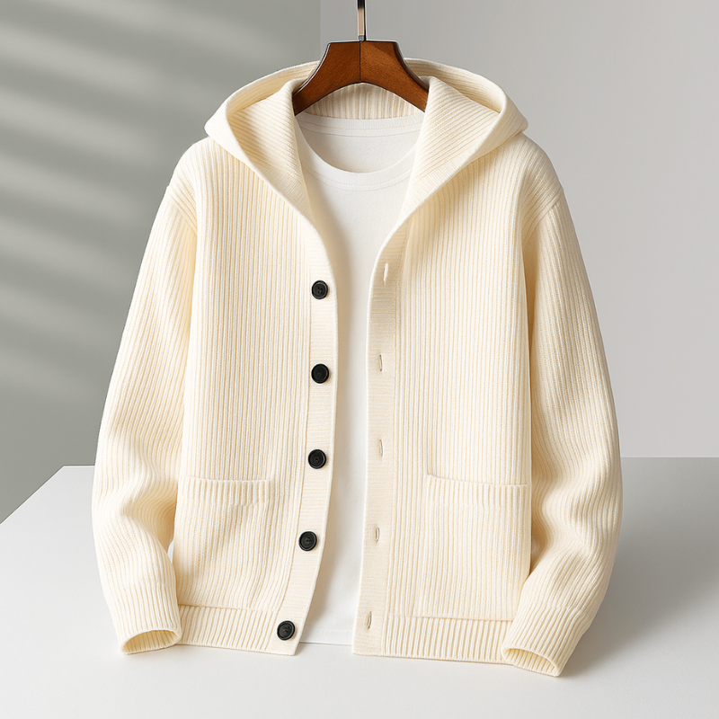 Draviel | Homme Cardigan à Capuche Côtelé - Cream - Image 2