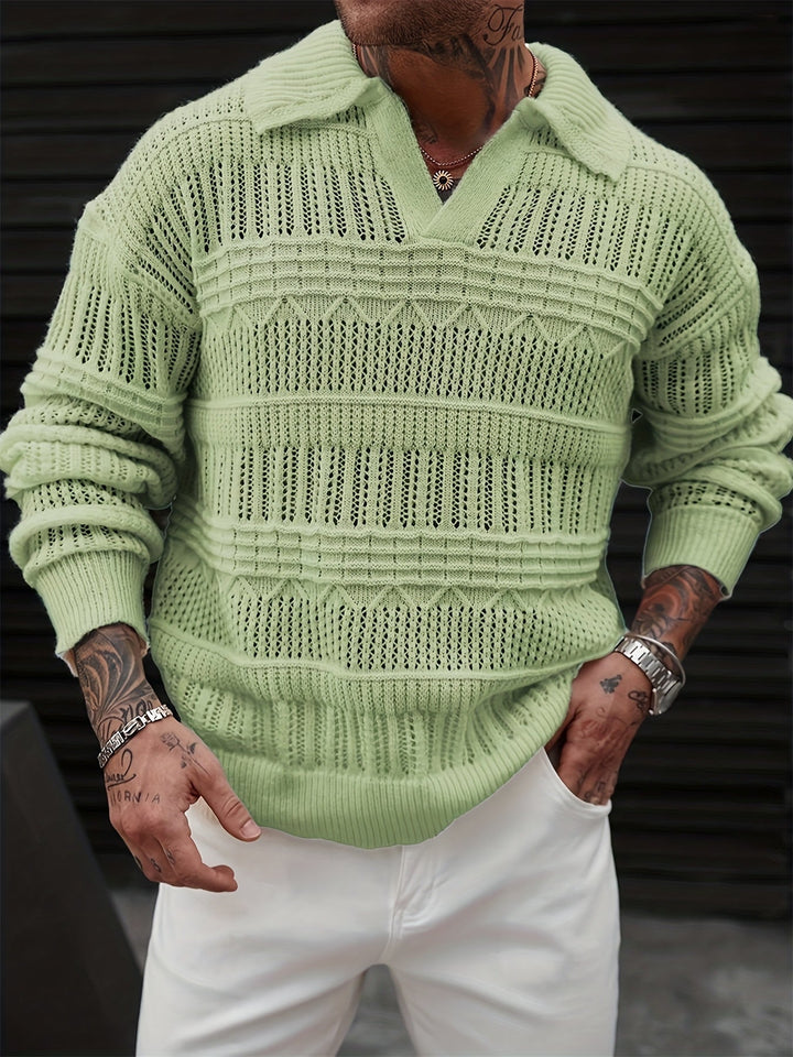 Dravorn | Homme Pull Col Polo Maille Ajourée - Light Green - Image 1