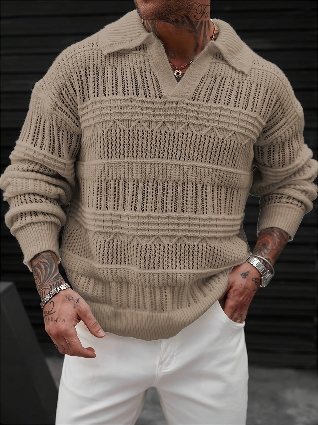 Dravorn | Homme Pull Col Polo Maille Ajourée - Light Green - Image 2