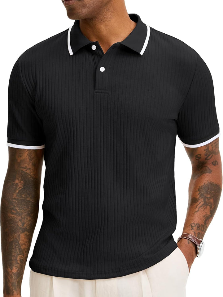 Dravorn | Polo Homme Maille Côtelée Manches Courtes - Black - Image 2
