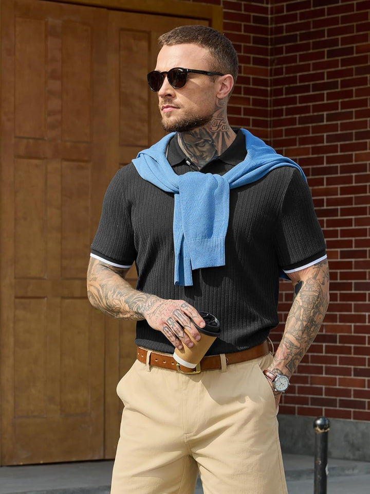 Dravorn | Polo Homme Maille Côtelée Manches Courtes - Black - Image 7