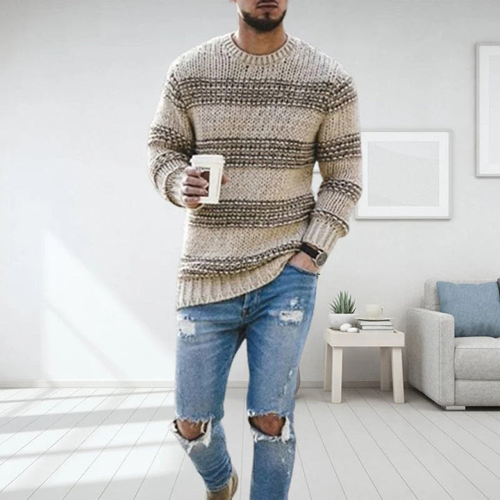 Dravsel | Pull Homme Tricoté Rayé Col Rond - Beige - Image 1