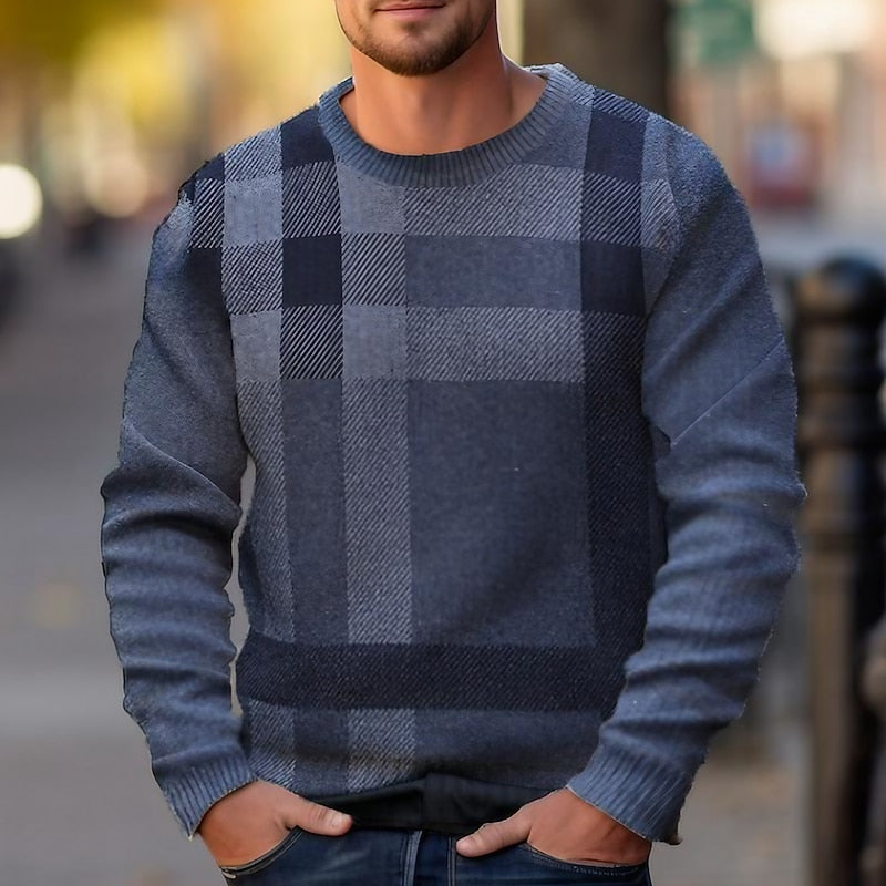 Drevorn | Homme Pull Col Rond Carreaux - Navy - Image 1