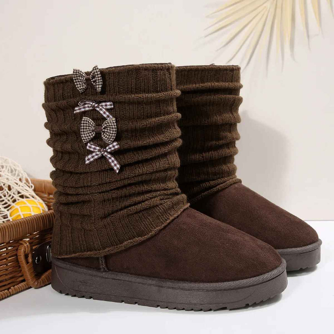 Lénorve | Femme Bottes de Neige Revers Tricoté Nœuds