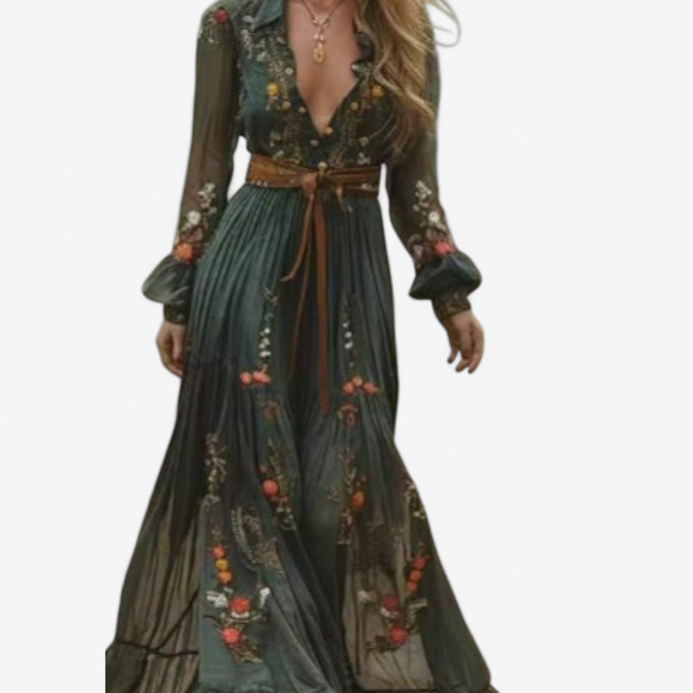 Elysianne | Women's Embroidered Floral Long Sleeve Maxi Dress - Green - Image 2