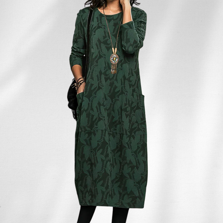 Emmeline | Robe Femme Jacquard Manches Longues Midi - Dark Green - Image 1