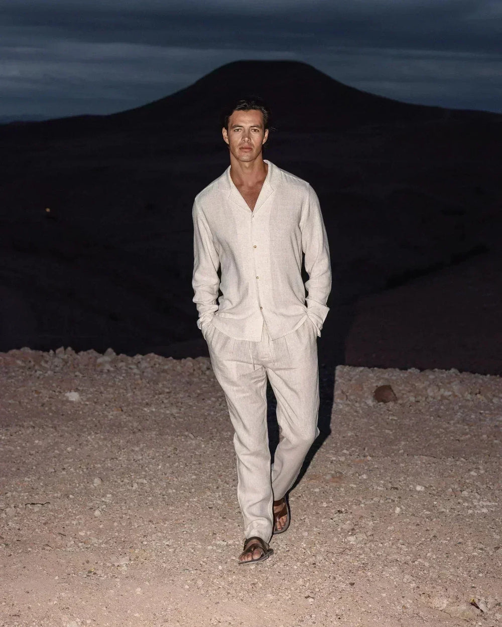 Enzo | Men's Cuban Collar Long Sleeve Shirt & Pants Set - Beige - Image 2