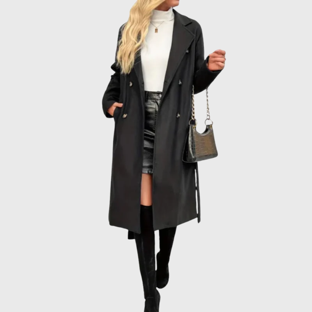 Evelina | Women's Double Breasted Long Trench Coat - Black - Image 2