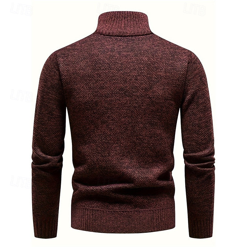 Falvec | Homme Pull Col Montant Zippé Tricot Hiver - Burgundy - Image 2