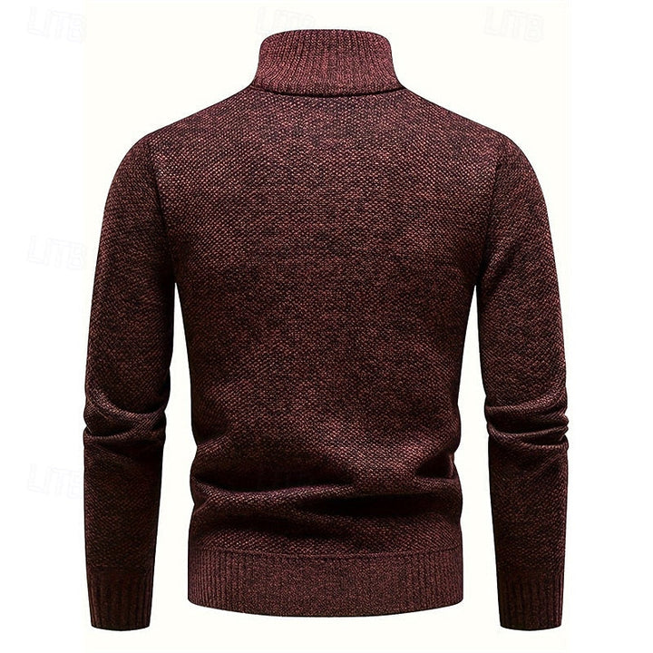 Falvec | Homme Pull Col Montant Zippé Tricot Hiver - Burgundy - Image 2