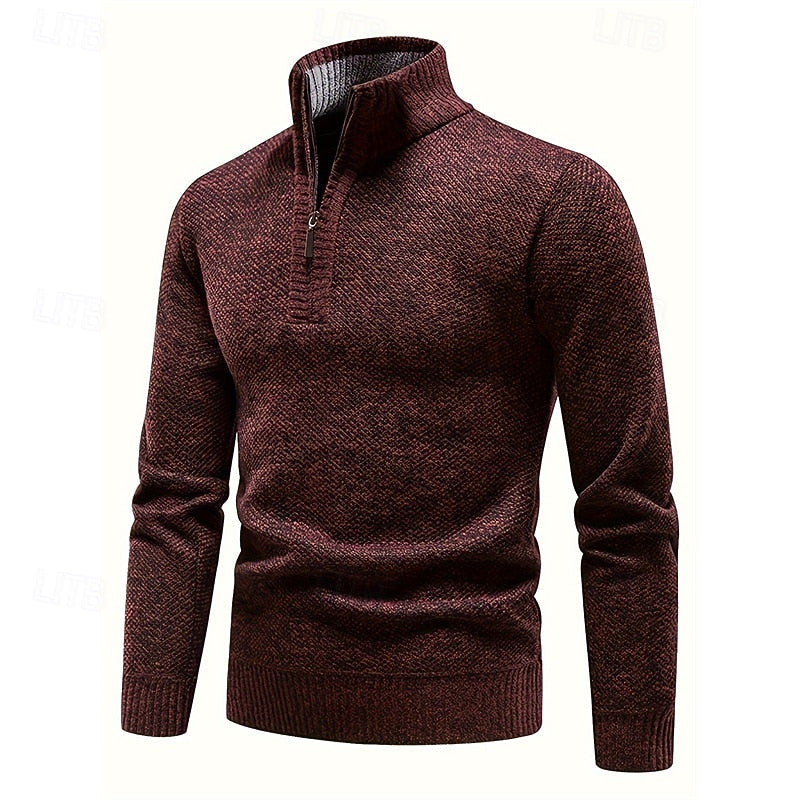 Falvec | Homme Pull Col Montant Zippé Tricot Hiver - Burgundy - Image 3