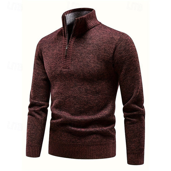 Falvec | Homme Pull Col Montant Zippé Tricot Hiver - Burgundy - Image 3