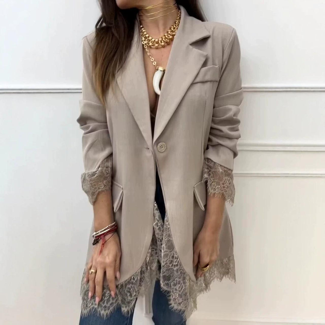 Falvonde | Blazer Femme Col Tailleur Bordure Dentelle - Taupe - Image 1