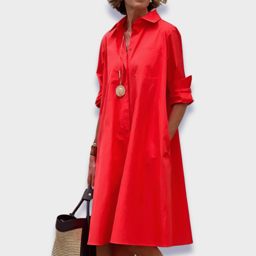 Faustine | Robe Femme Midi Col Chemise Coupe Ample - Red - Image 1