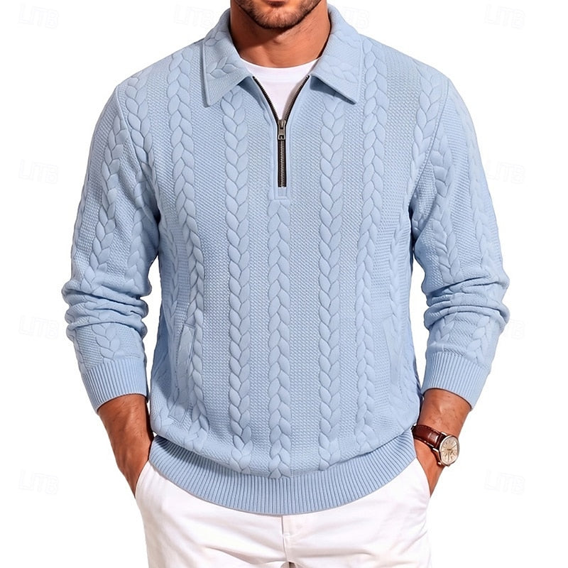 Vordean | Homme Pull Col Zippé Torsadé - Light Blue - Image 1