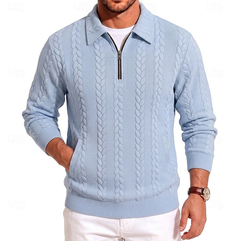 Vordean | Homme Pull Col Zippé Torsadé - Light Blue - Image 2