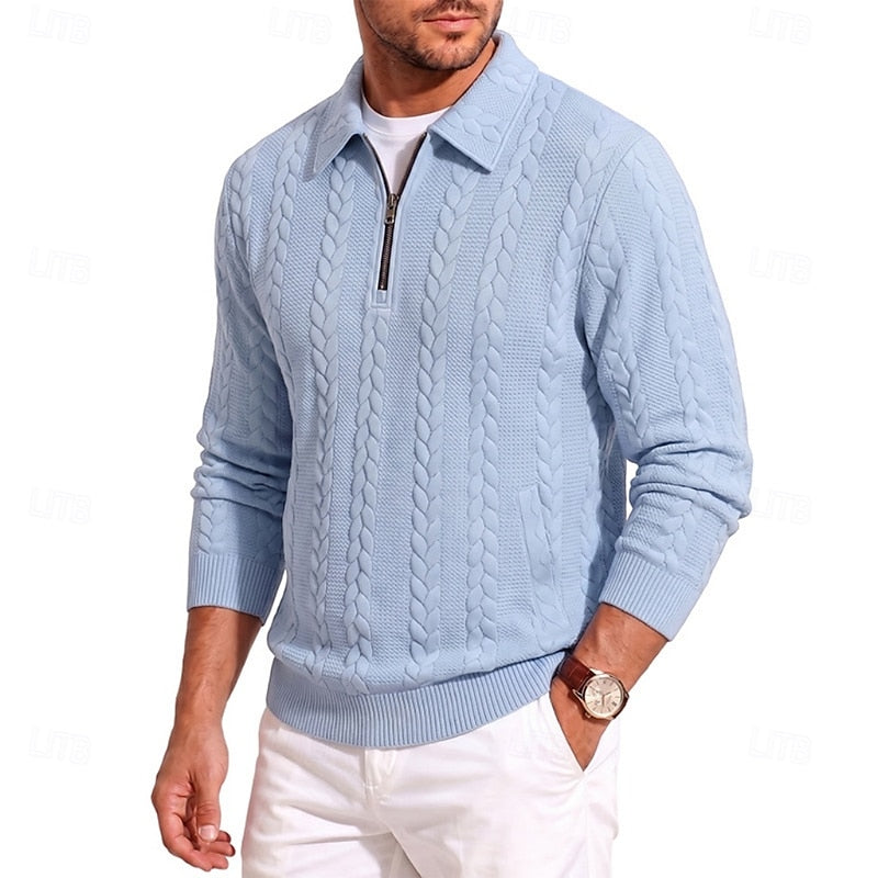 Vordean | Homme Pull Col Zippé Torsadé - Light Blue - Image 3