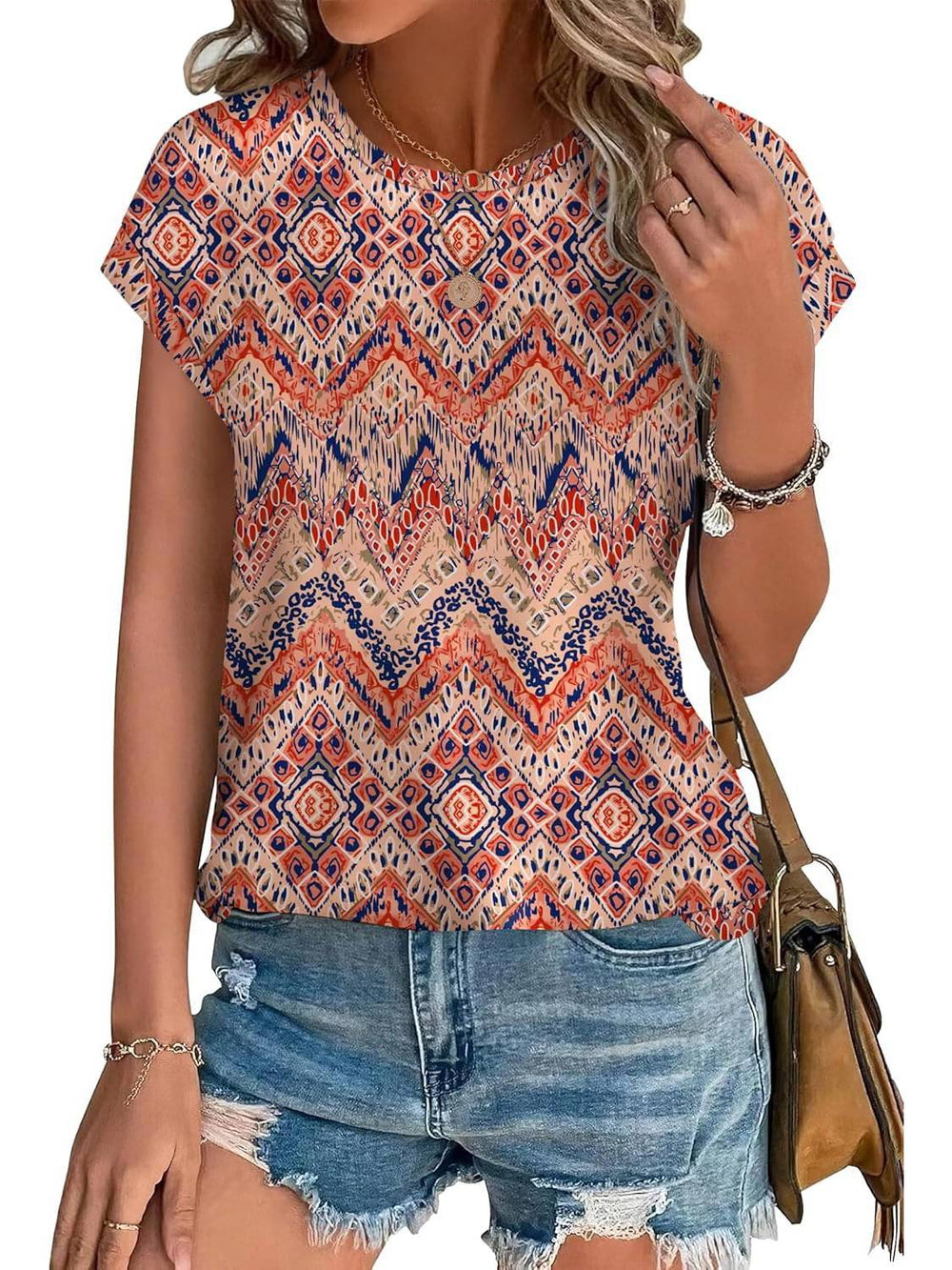Finola | Women's Leaf Print Short Sleeve Crew Neck Top - Image 2