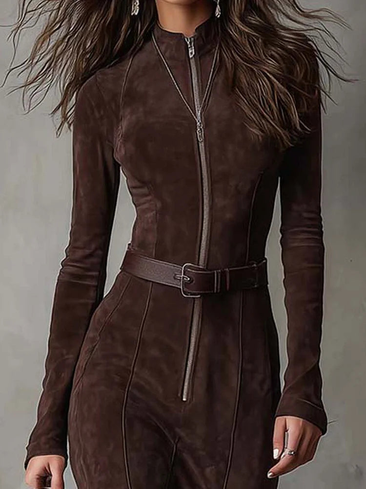 Flavie | Robe Maxi Femme Zippée Effet Daim Automne - Dark Brown - Image 2