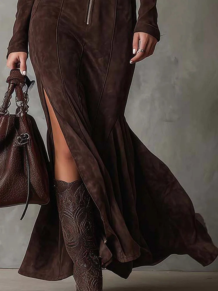Flavie | Robe Maxi Femme Zippée Effet Daim Automne - Dark Brown - Image 3