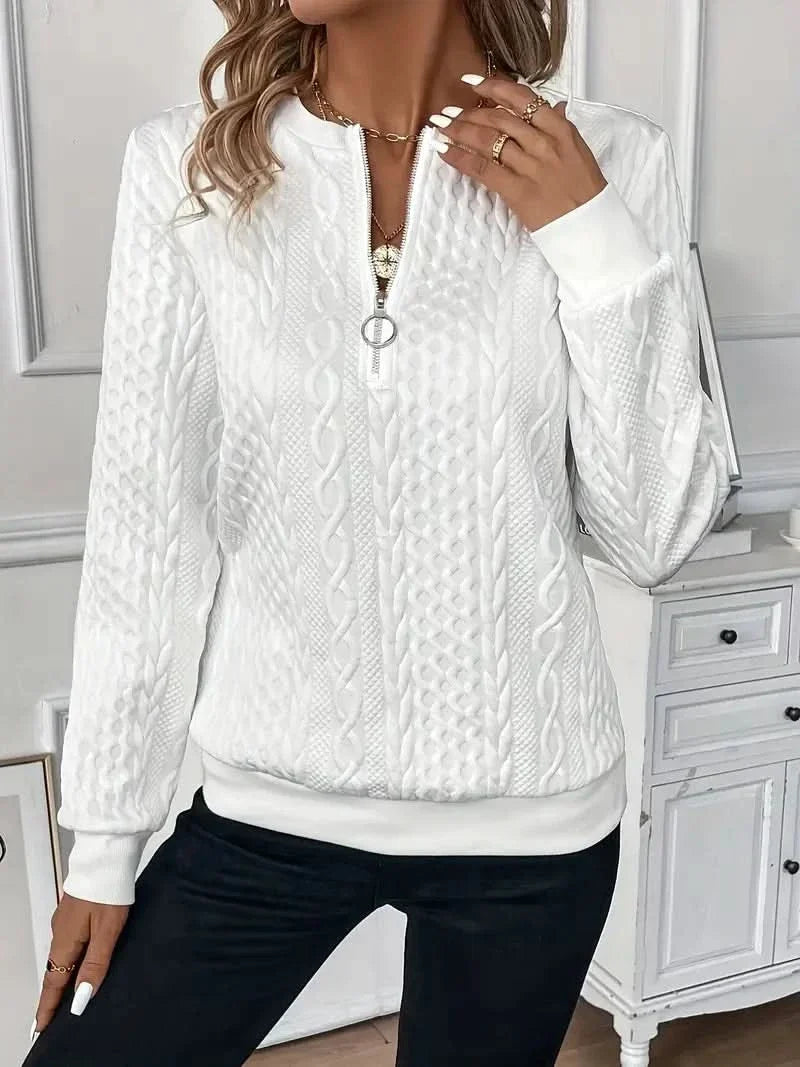 Félindore | Pull Femme Col Zippé Motif Torsadé - White - Image 5