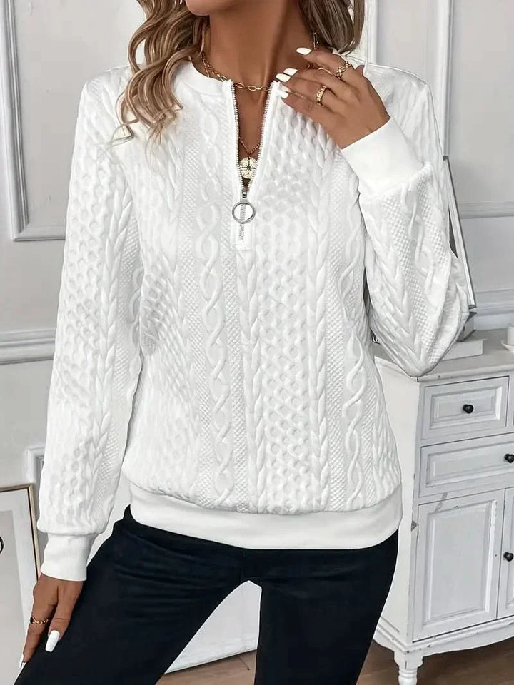 Félindore | Pull Femme Col Zippé Motif Torsadé - White - Image 5