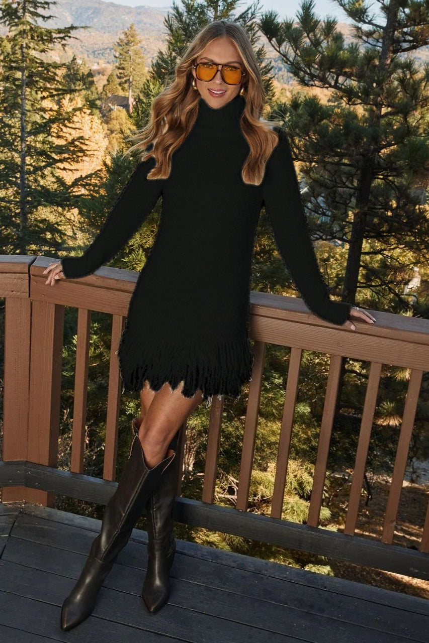 Floriande | Femme Robe Pull Col Montant Franges Mini - Image 3