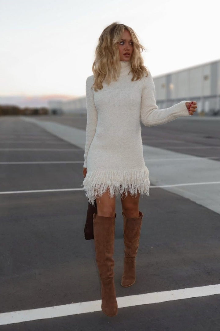 Floriande | Femme Robe Pull Col Montant Franges Mini - Image 4