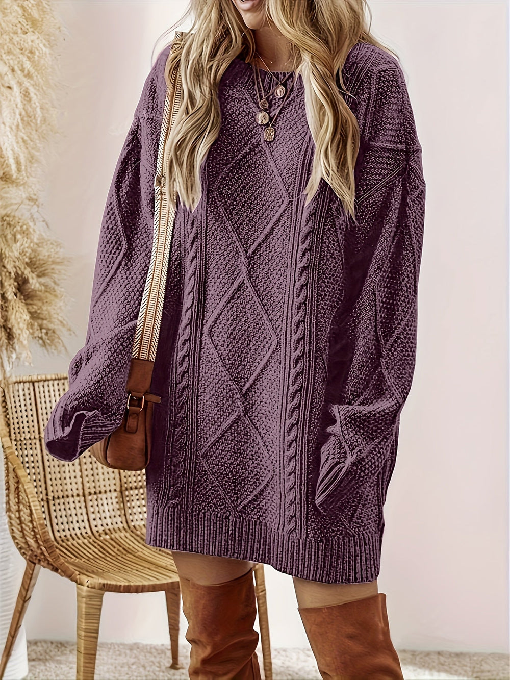 Félvoire | Femme Robe Pull Maille Torsadée Col Rond - Purple - Image 2