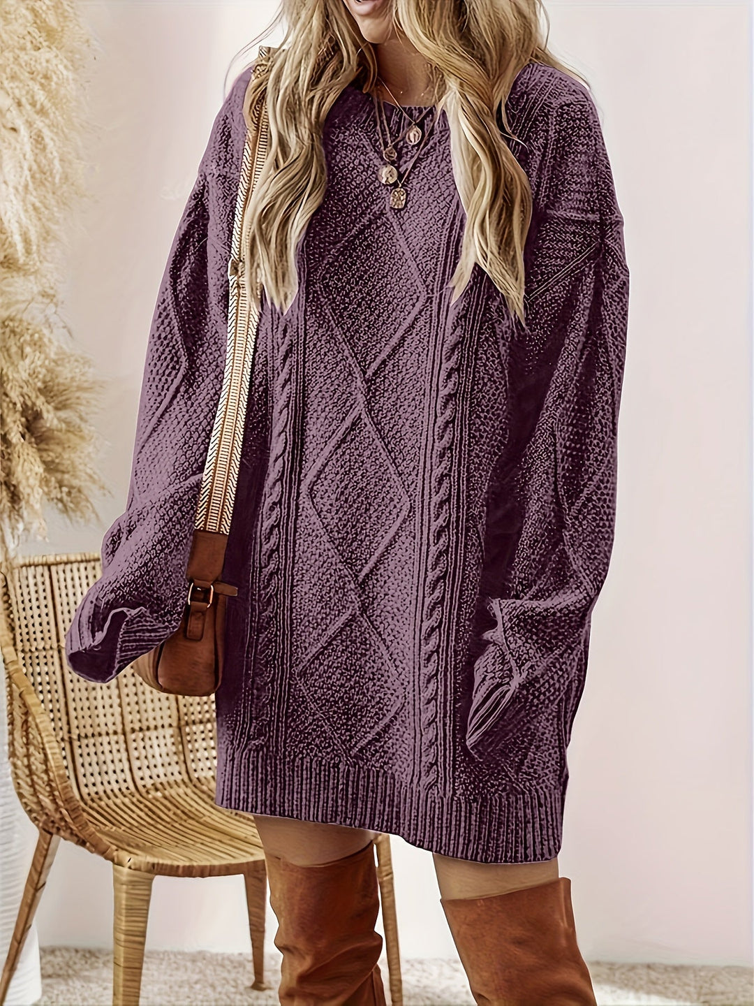 Félvoire | Femme Robe Pull Maille Torsadée Col Rond - Purple - Image 2