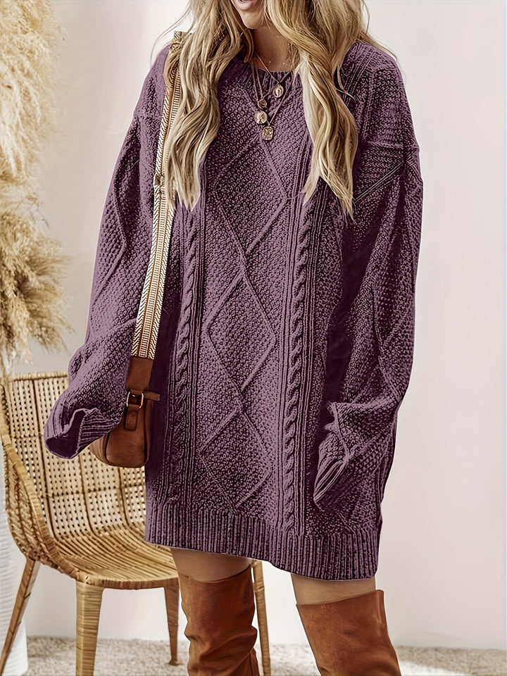 Félvoire | Femme Robe Pull Maille Torsadée Col Rond - Purple - Image 2