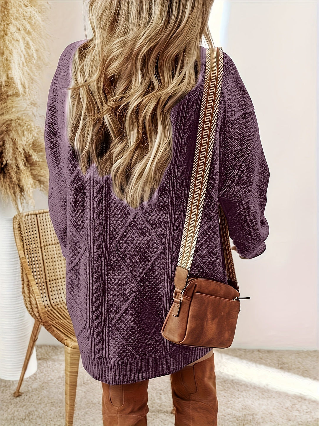 Félvoire | Femme Robe Pull Maille Torsadée Col Rond - Purple - Image 3