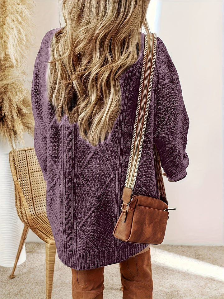 Félvoire | Femme Robe Pull Maille Torsadée Col Rond - Purple - Image 3