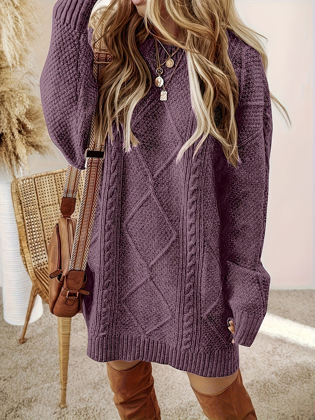 Félvoire | Femme Robe Pull Maille Torsadée Col Rond - Purple - Image 4