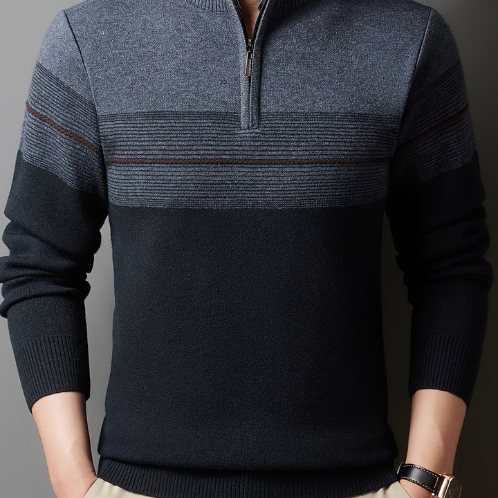 Galdorel | Homme Pull Col Zippé Bicolore Rayures - Navy - Image 1