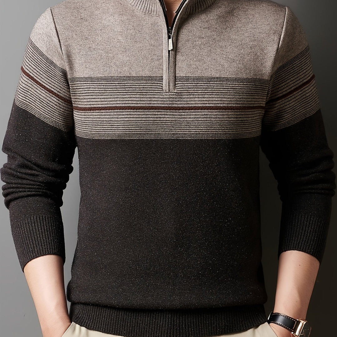 Galdorel | Homme Pull Col Zippé Bicolore Rayures - Navy - Image 11