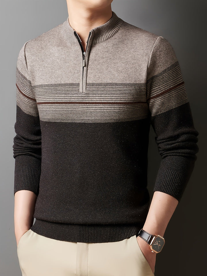 Galdorel | Homme Pull Col Zippé Bicolore Rayures - Navy - Image 13