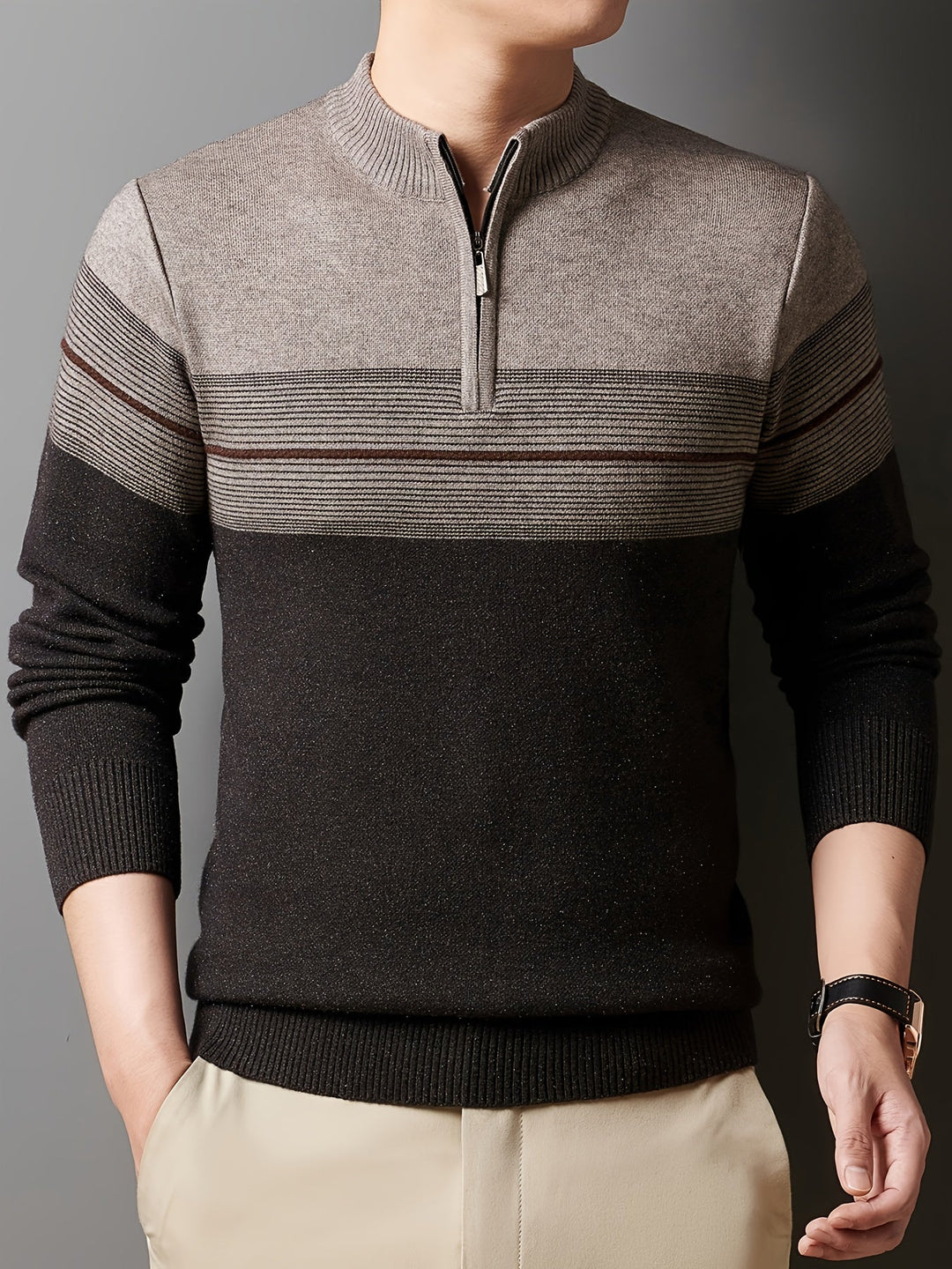 Galdorel | Homme Pull Col Zippé Bicolore Rayures - Navy - Image 16