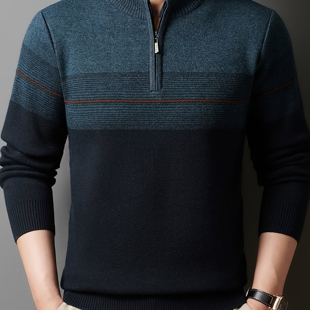 Galdorel | Homme Pull Col Zippé Bicolore Rayures - Navy - Image 17