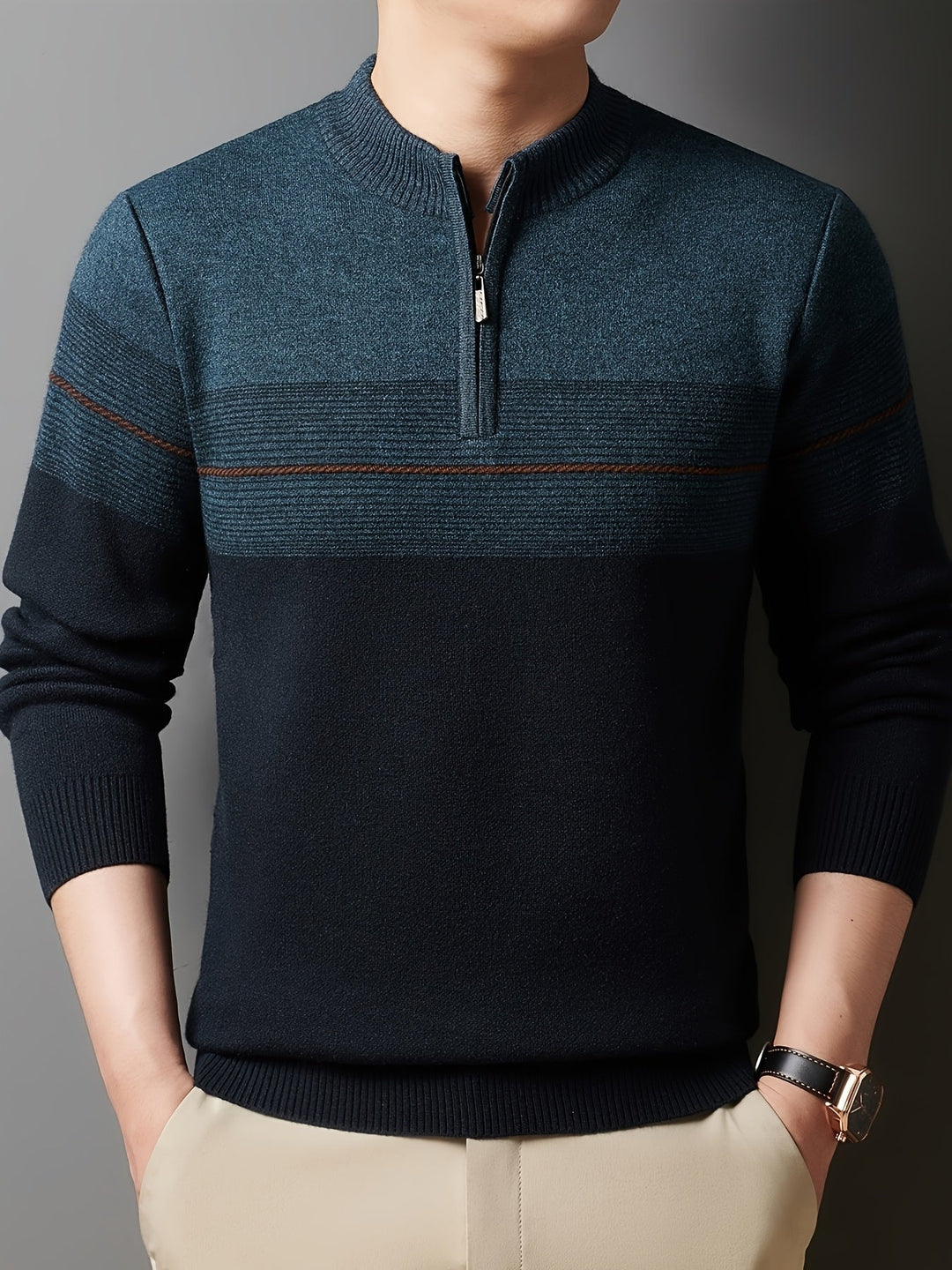 Galdorel | Homme Pull Col Zippé Bicolore Rayures - Navy - Image 18