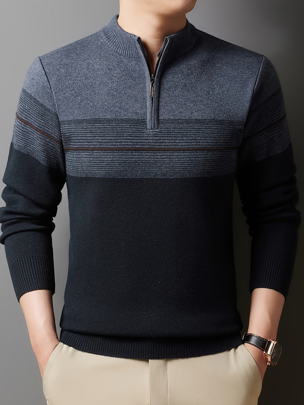 Galdorel | Homme Pull Col Zippé Bicolore Rayures - Navy - Image 2