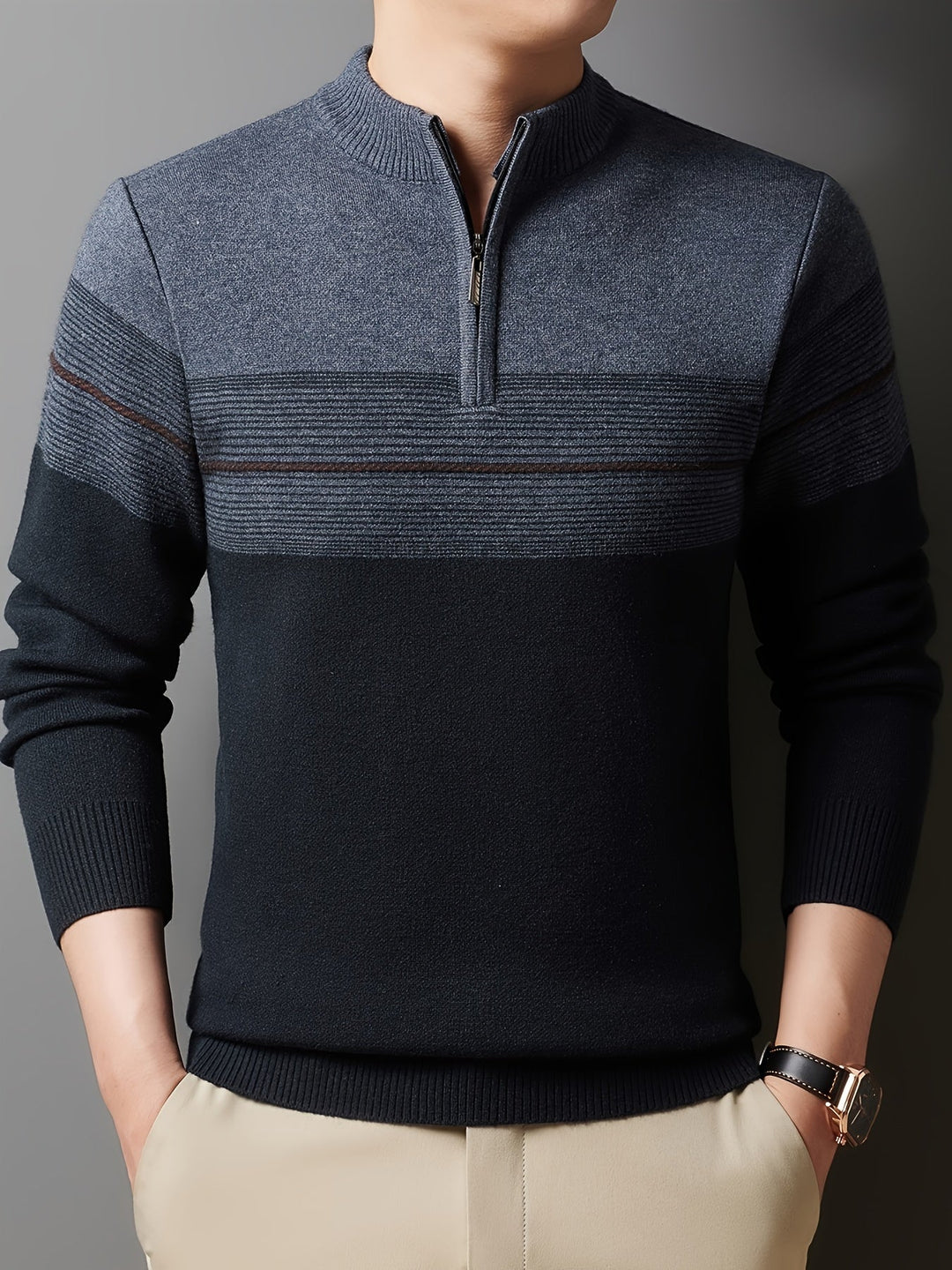 Galdorel | Homme Pull Col Zippé Bicolore Rayures - Navy - Image 2