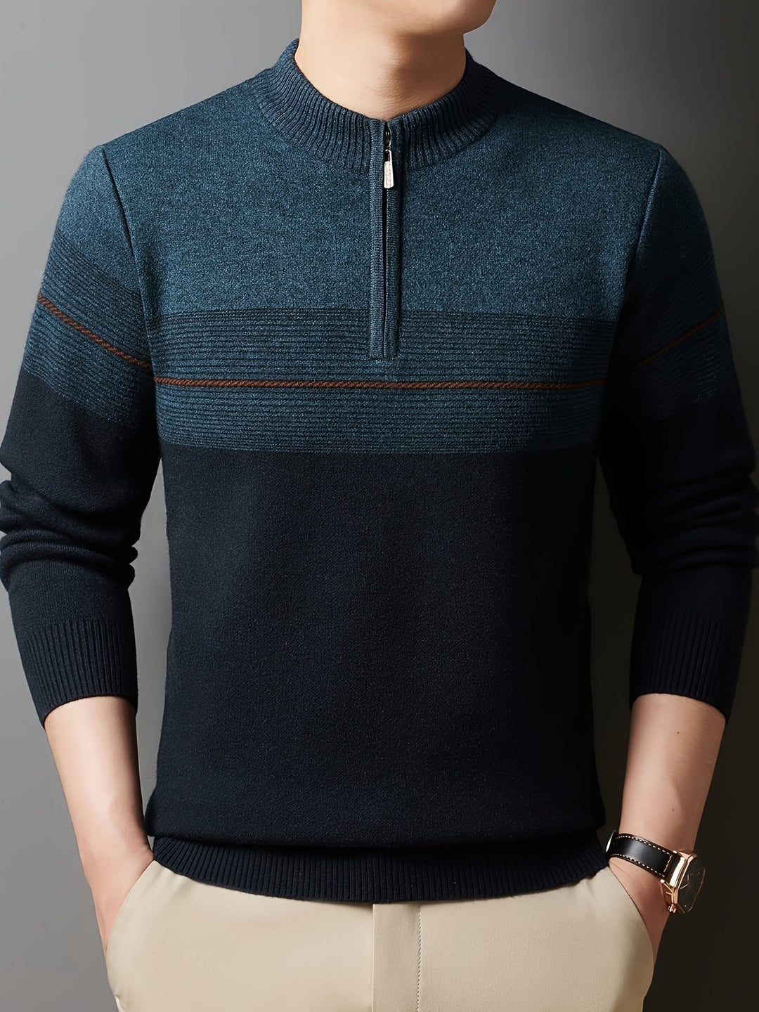 Galdorel | Homme Pull Col Zippé Bicolore Rayures - Navy - Image 20