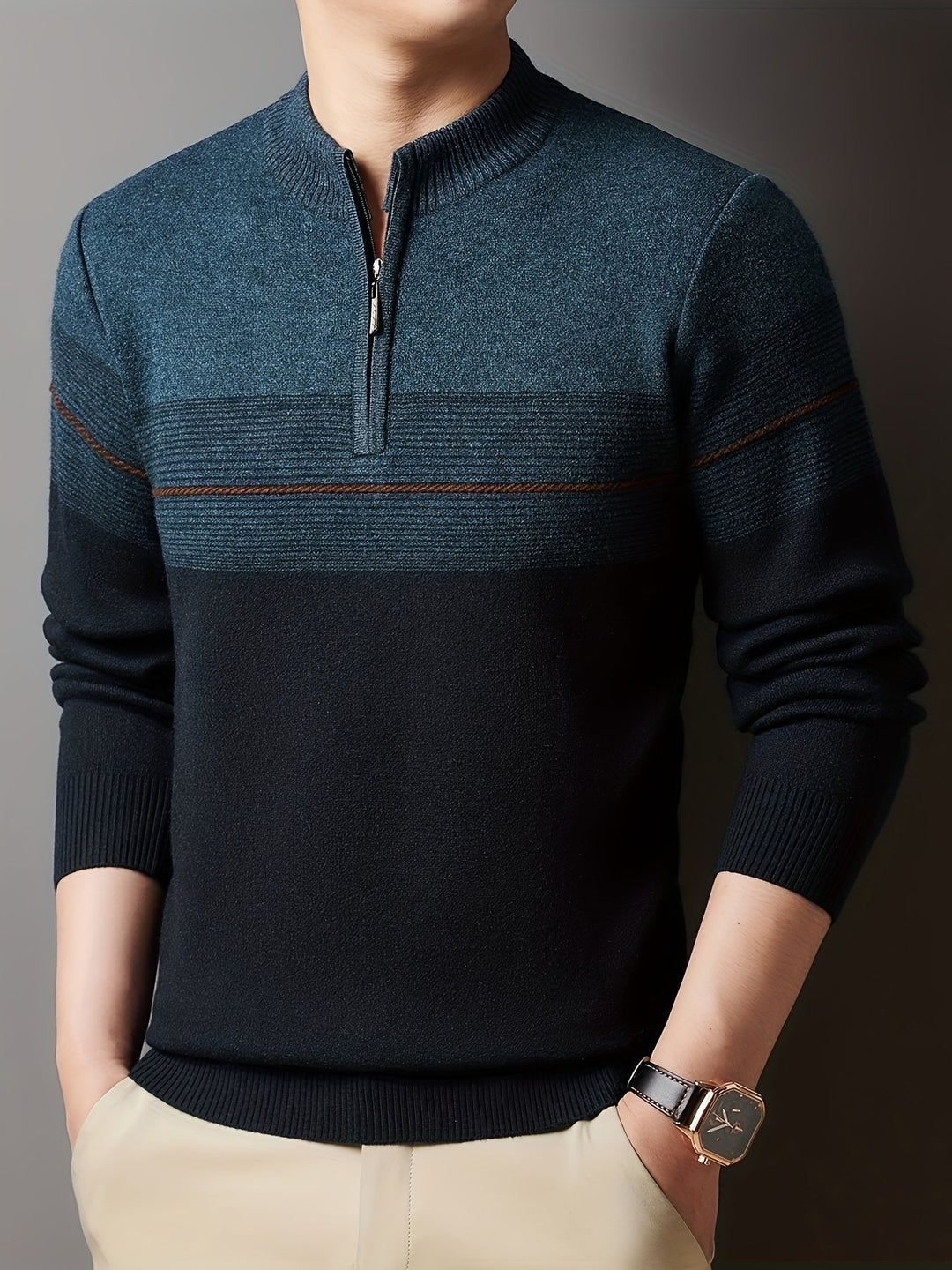 Galdorel | Homme Pull Col Zippé Bicolore Rayures - Navy - Image 21