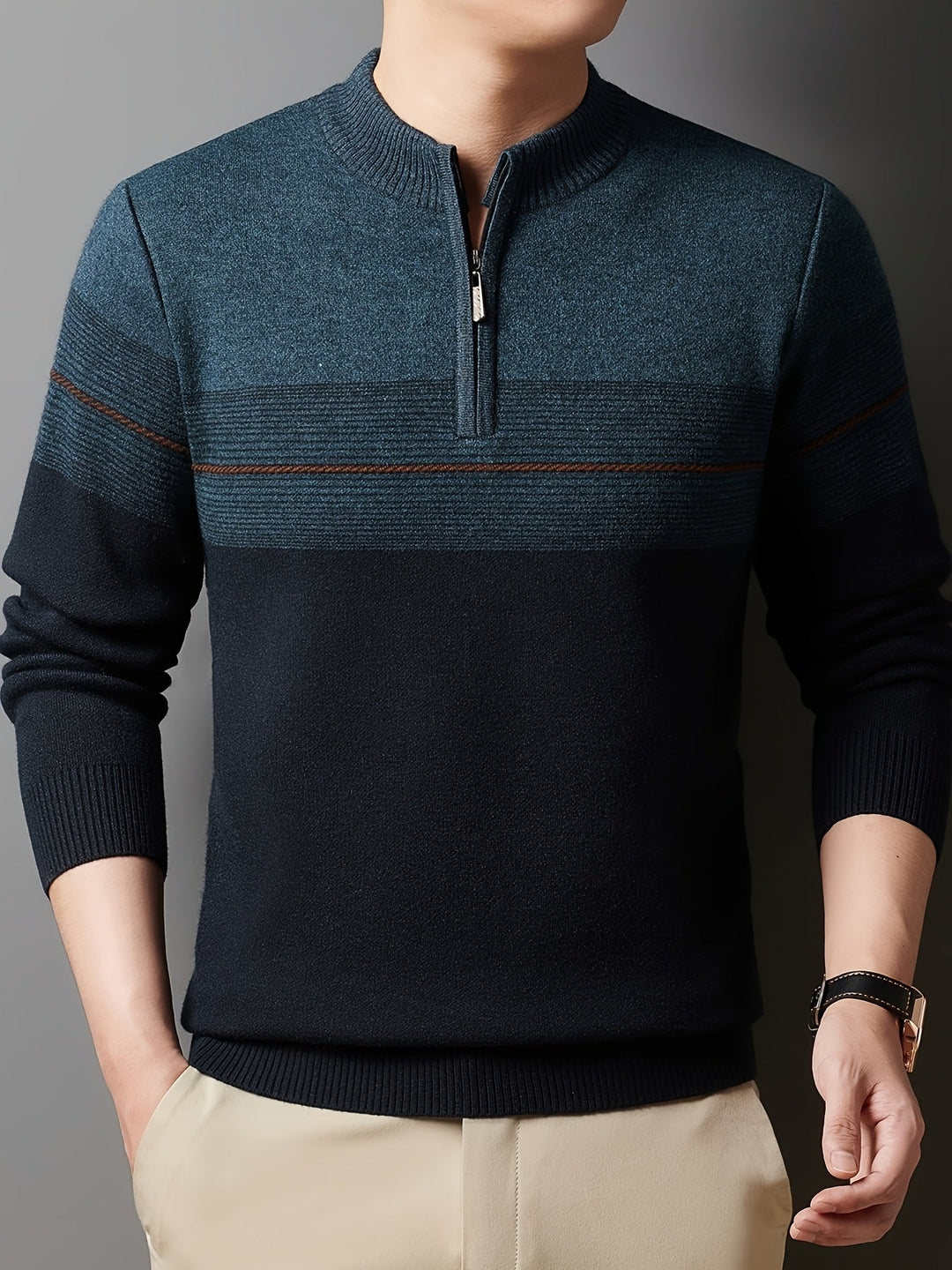 Galdorel | Homme Pull Col Zippé Bicolore Rayures - Navy - Image 22